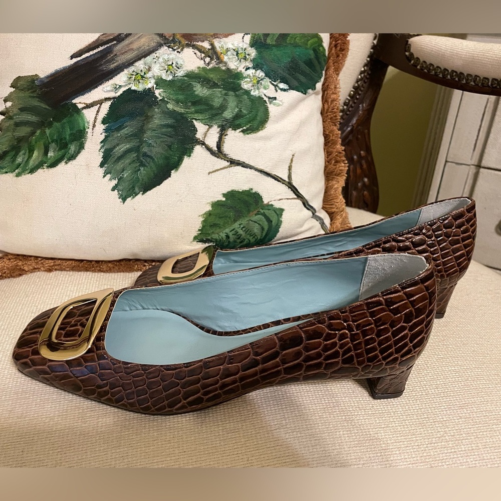 Frances Valentine Brown and Gold Heels with Crocodile Texture